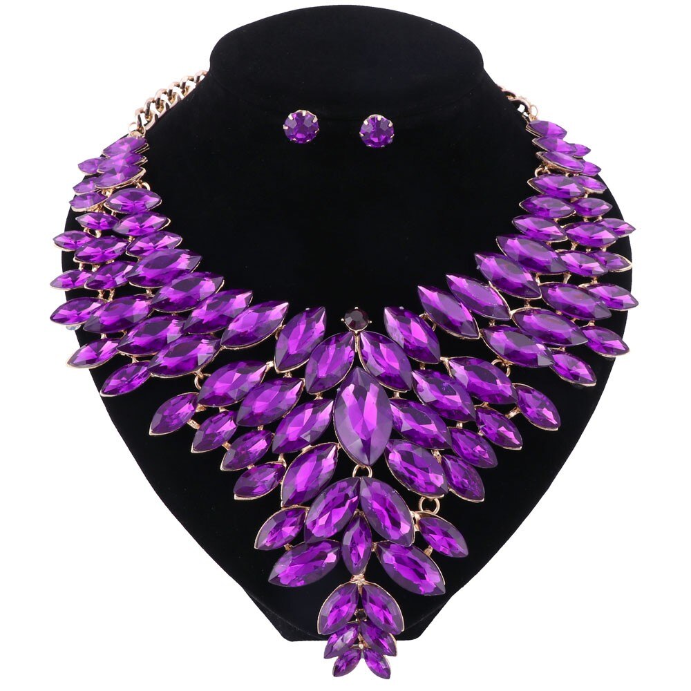 Women Crystal Jewelry Set Gold Color Necklace Earring African Costume Nigerian Wedding Accessories Jewelry Set: purple