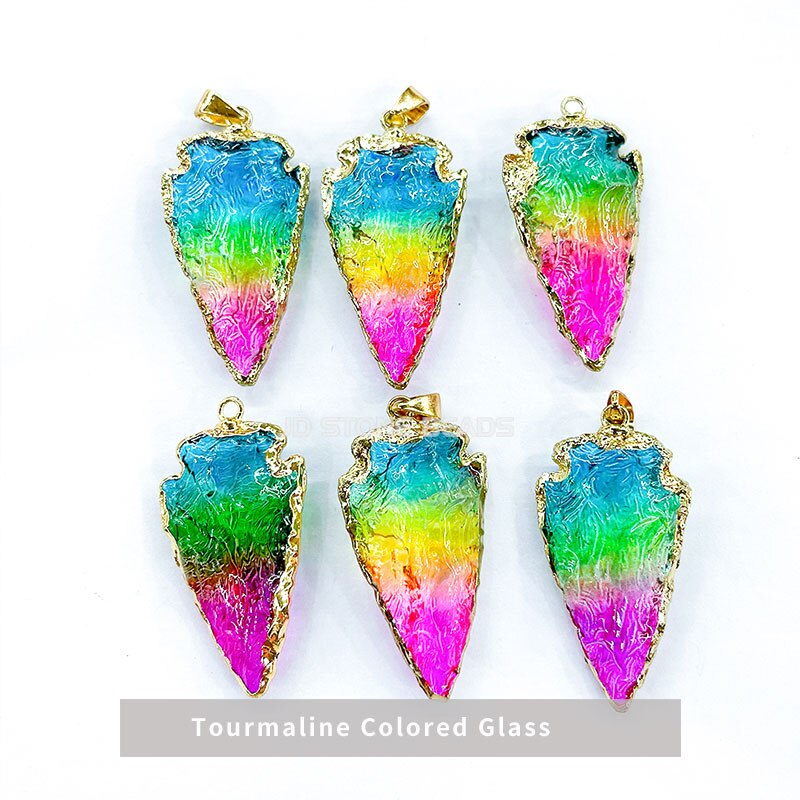 Natural Amethysts Opal Chalcedony Pendants Plating Golden Edge Arrow Shape Pendants for Jewelry Necklace Bracelets Accessories: Tourmaline glass