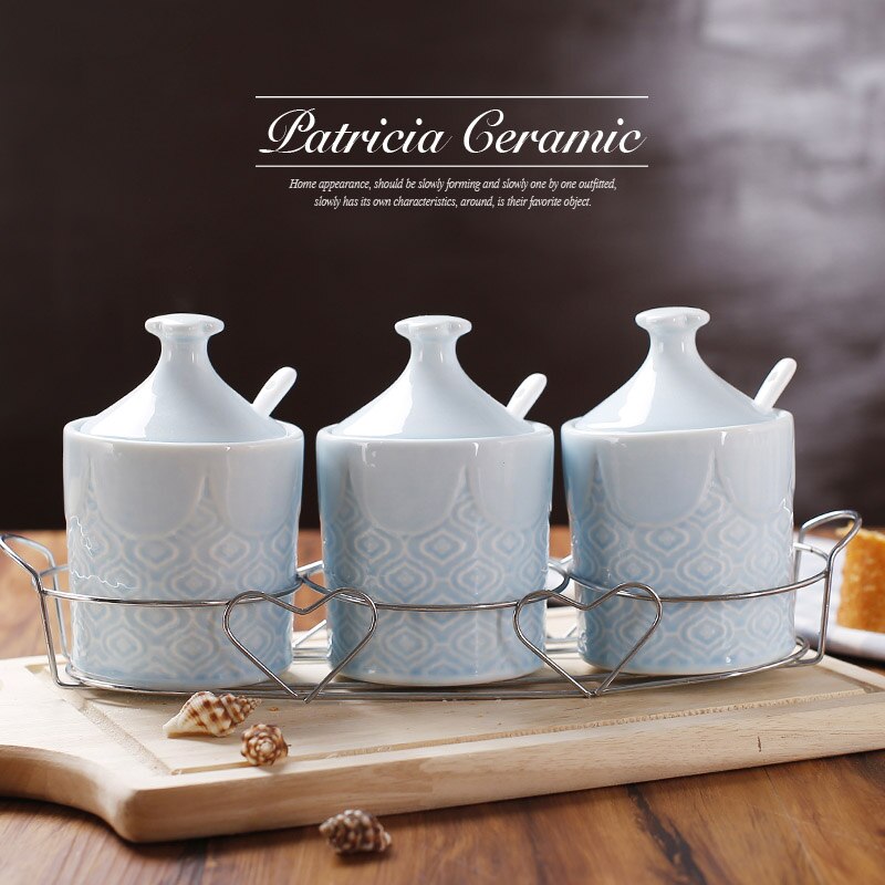 Keramische Bone China Caster Zout Suiker Pot Set (3 Stks) met Graveren Patroon voor Keuken Koken