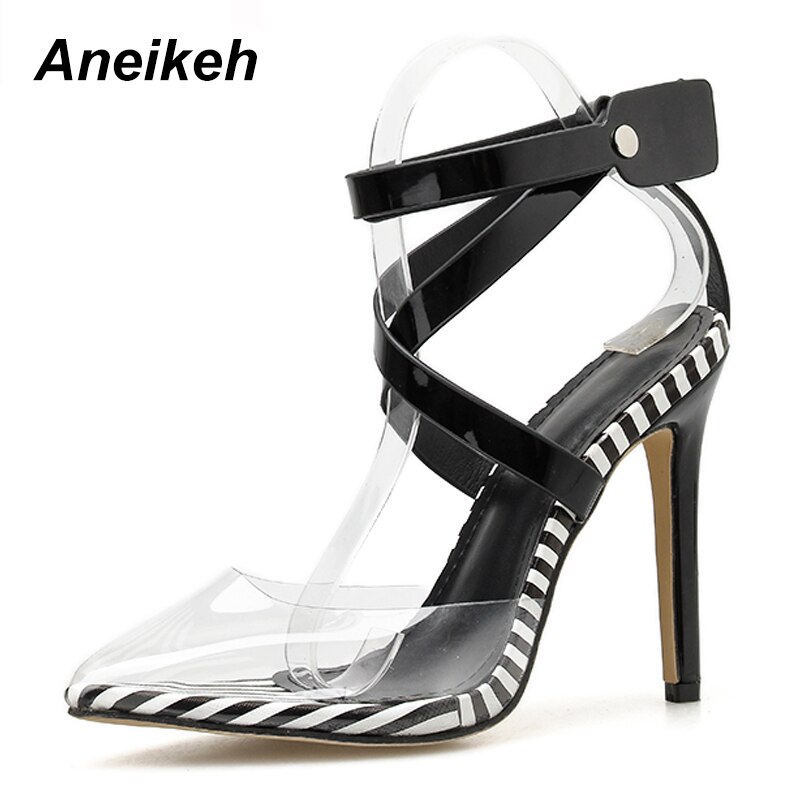 Aneikeh 2022 PVC Women Shoes Pointed end High Heels Sandals Summer Party Wedding Dress Shoes Cross Strap Ankle Buckle Sandals: Black / 10