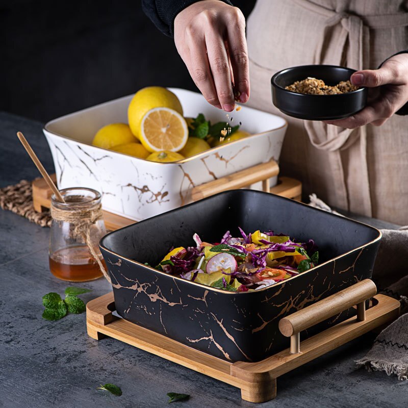 Marmor aufbringen Nordeuropa Schwarz/Weiß Keramik Quadrat Obst Salat Schüssel Heimat Dekoration Geschirr Obst Platte Snack