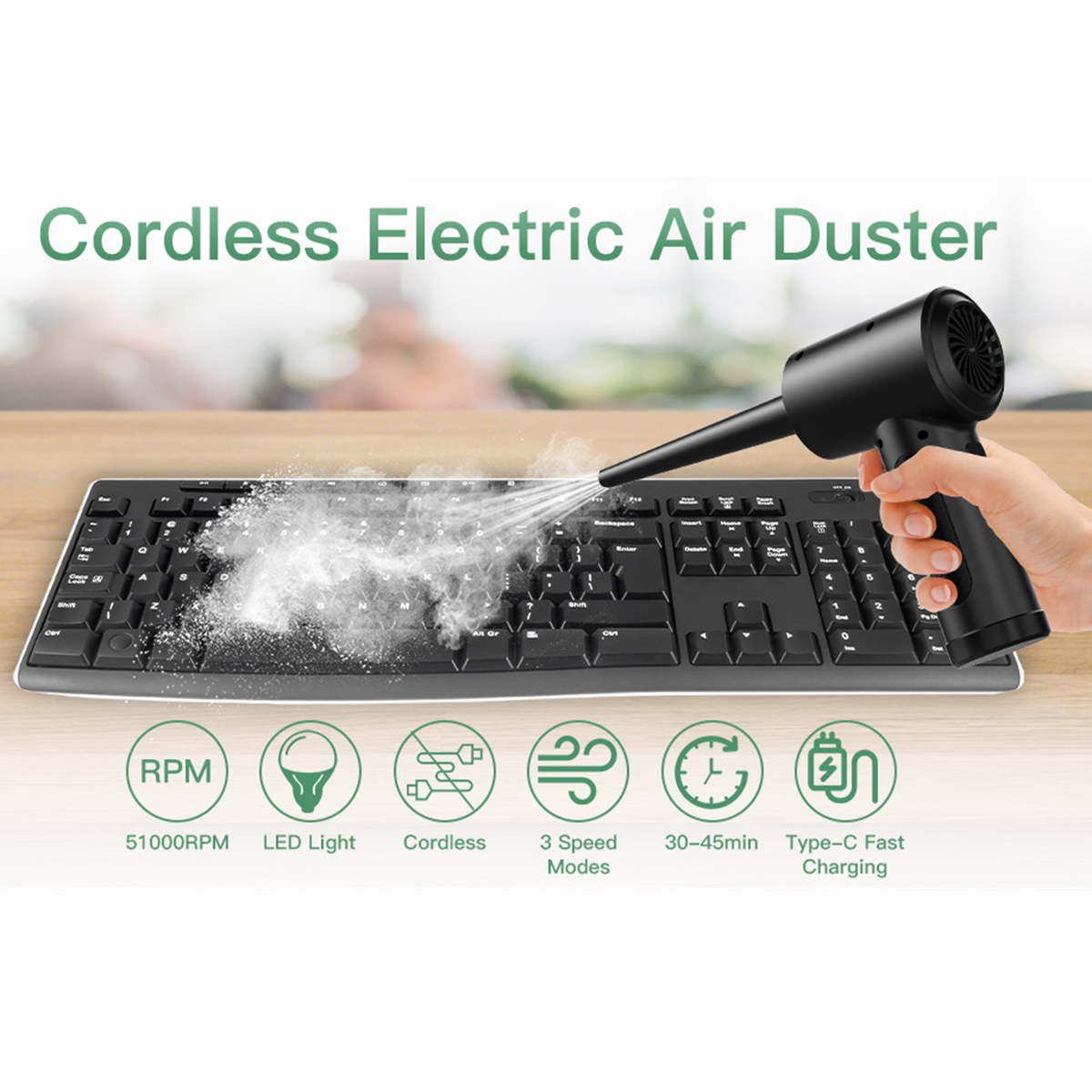 Compressed Air Duster for Keyboard Electric Air Blower Computer Cleaning Cordless Air Dust Cleaner for PC Crumbs Car