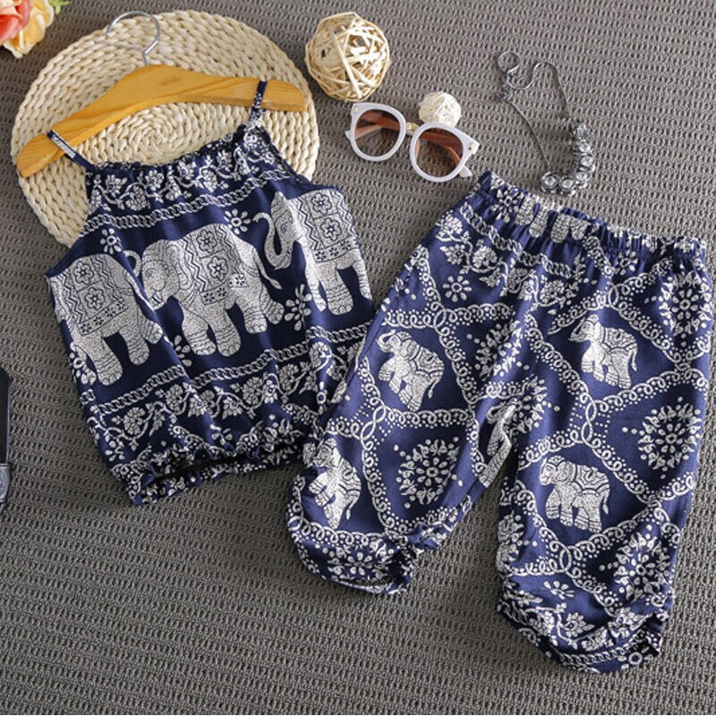 2019 Vestiti del bambino di Estate 2Pcs Set Del Bambino Del Bambino Della Ragazza Elefante Abiti Magliette E Camicette Della Maglia + Pantaloni Larghi Folk-custom vestiti di stile