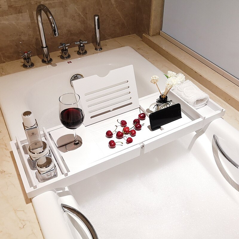 Bamboo Bathtub Tray Bathroom Shelf Accessories Extendable Bath Tray Adjustable Wine Rack Tablet Book Organizer Serving Tray
