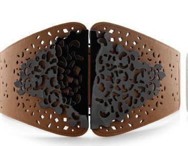 Korean Women Female Hollow Out Metal Buckles Pu Leather Patchwork Elastic Waist Belt , Black Wide Waistand For Woman: brown