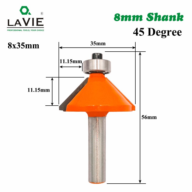 LA VIE 1pc 8mm Shank 45 Degree Chamfer Edge Forming Router Bit Bevel Flush Trim Bit Woodworking Milling Cutter Bits MC02021: 8x35mm