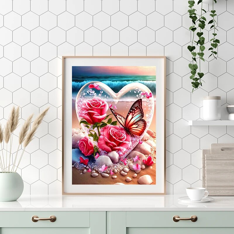 Mosaico de diamantes de mariposa rosa, pintura de diamantes redonda completa, corazón costero, artesanías, 30x40cm