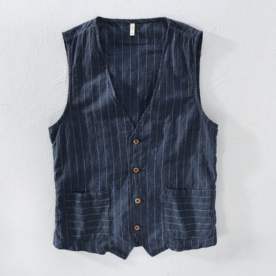 Mans vintage linned jakkesæt vest slankt materiale 55% hør  + 45% bomulds vest mandlige afslappet stribet tynd vest vest asiatisk str. m -3xl: L728 dybblå / M