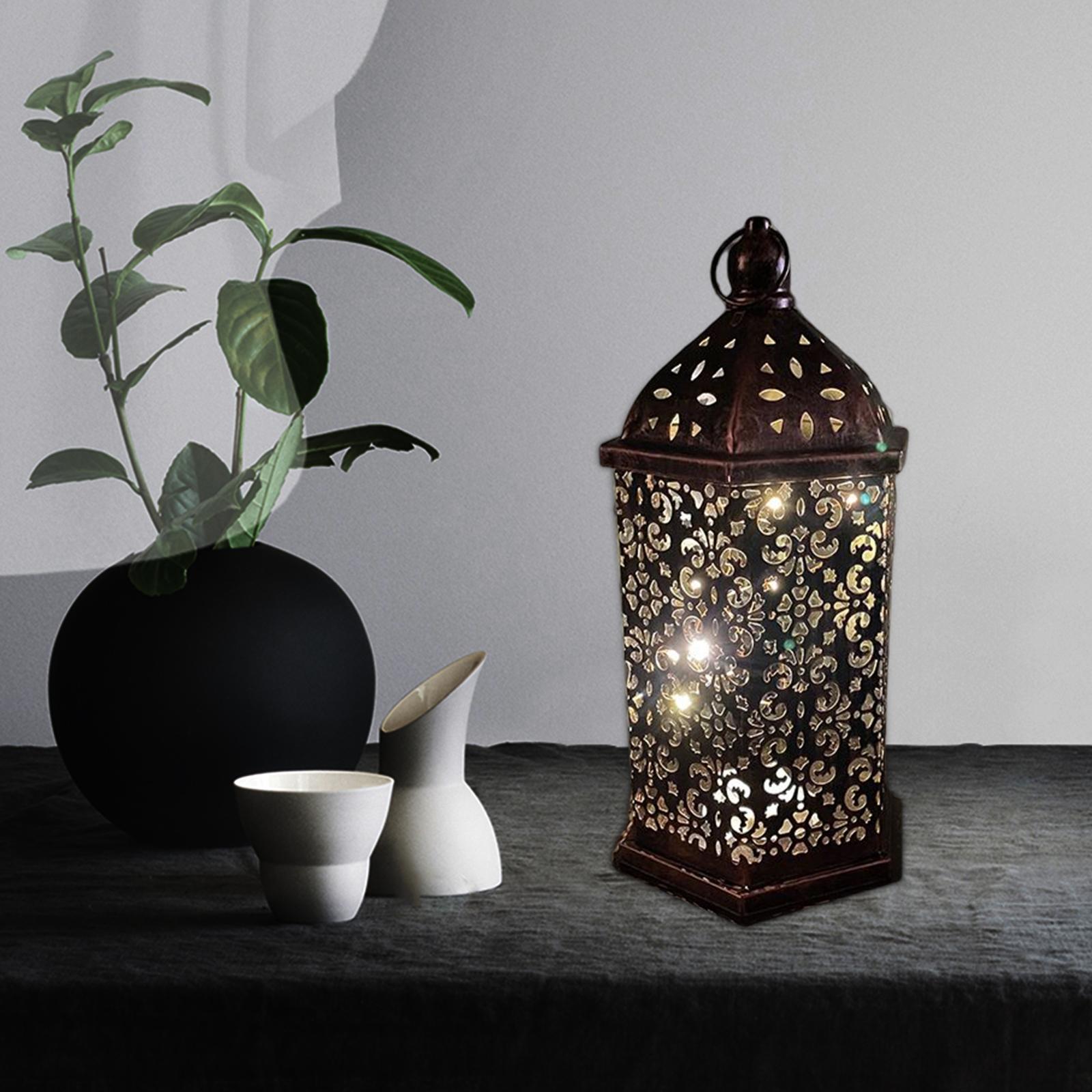 Hollow Carved Lantern Light Wrought Iron Decorative Lamp Battery Powered Atmosphere Light Desk Lamp for Festival Home Decoration