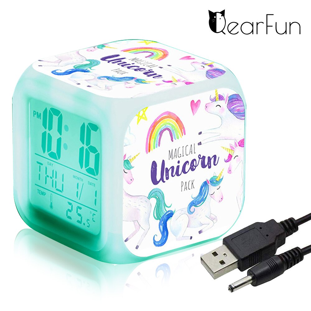 Unicorn Kids Alarm Clock 7 Colors LED Night light Wake Up Clock with Thermometer Snooze будильник Home Desk Decor Christmas: 3-no batteries