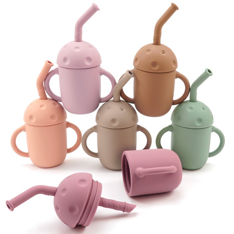Tasse à champignon en Silicone pour enfants, avec paille, à Double poignée, isolation thermique, en Silicone souple, facile à nettoyer