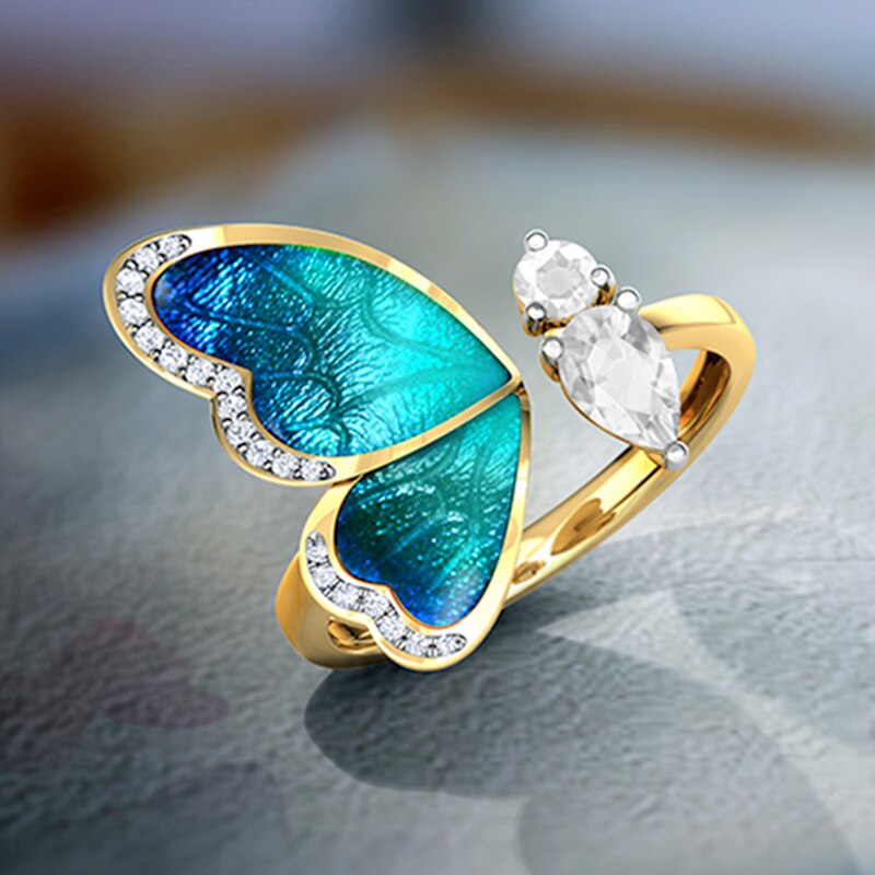 Fantasie Blauwe Vlindervleugels Ringen Goud Open Vinger Charms Sieraden Verstelbare Strass Party Voor Vrouwen