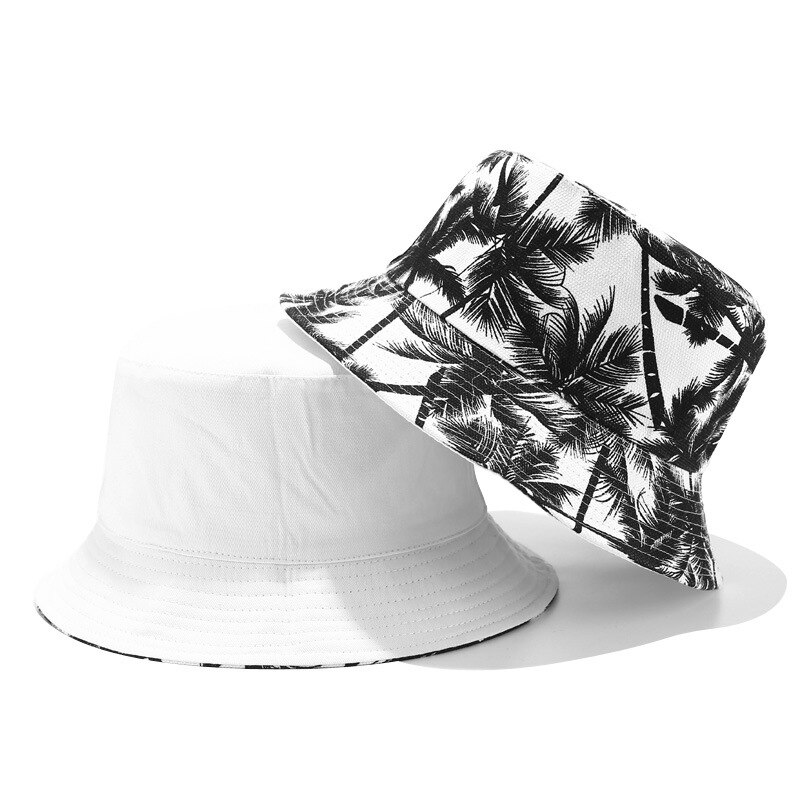 Trend unisex sommer vendbar kokosnød træ trykt strand foldbare fisker kasketter bøttehatte gorro: 2
