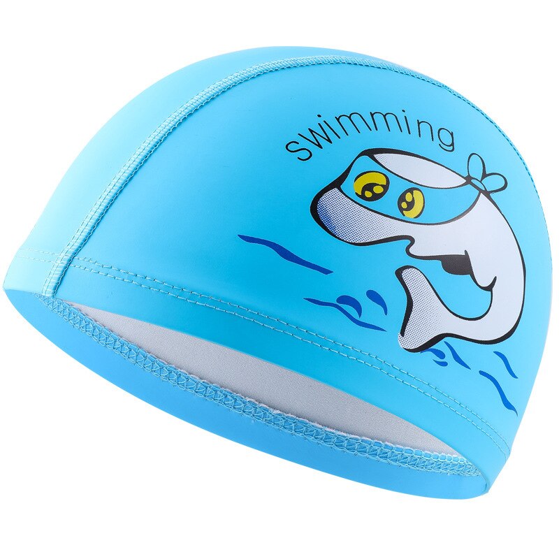 Children's Swimming Cap PU Cartoon Print Boys and Girls Swimming Elastic Hat Swimming Pool Cap Ear Protection Children Cap: Sky Blue