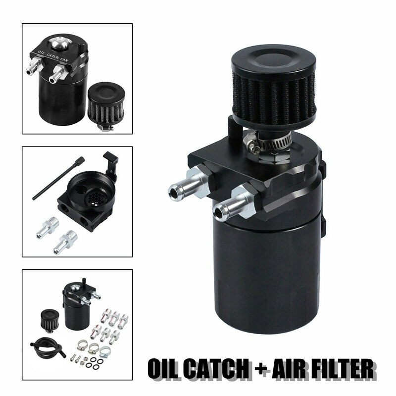 Oil Catch Reservoir Breather Can Tank +Filter Kit Cylinder Aluminum Engine Black Grandado