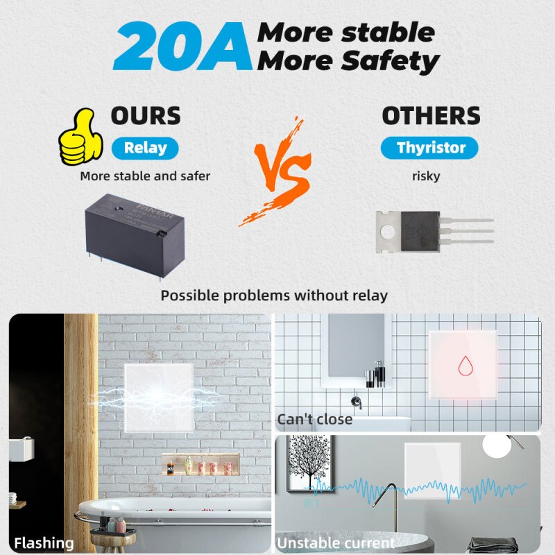 TUYA 20A Water Heater Switch Smart Wifi Touch Wall Switch Timing Remote Control Work With Google Switch Accessories