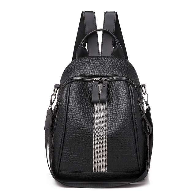 Women's Double zipper backpack leather backpack casual backpack PU high-grade leather bag lady travel bag suitable for girls: black