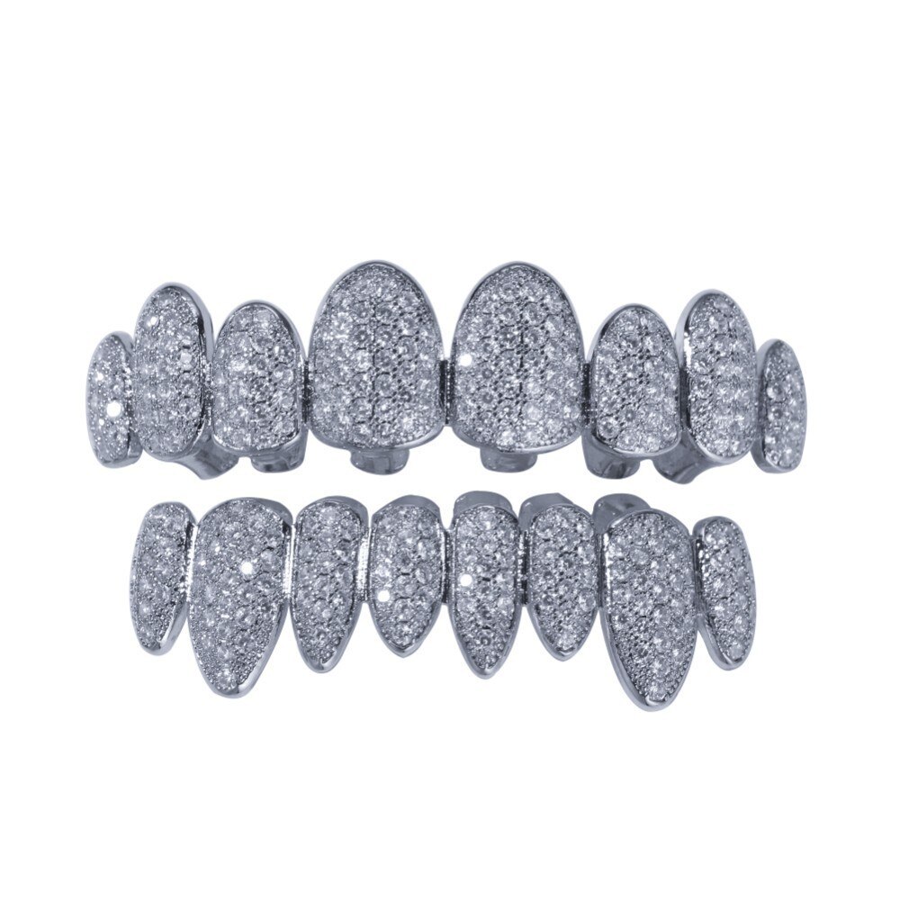 Uwin Zirconia Grills Set Zilver Kleur Tanden Grills Hiphop Halloween Iced Out Top &amp; Bottom Dental Grills Body Sieraden: silver set