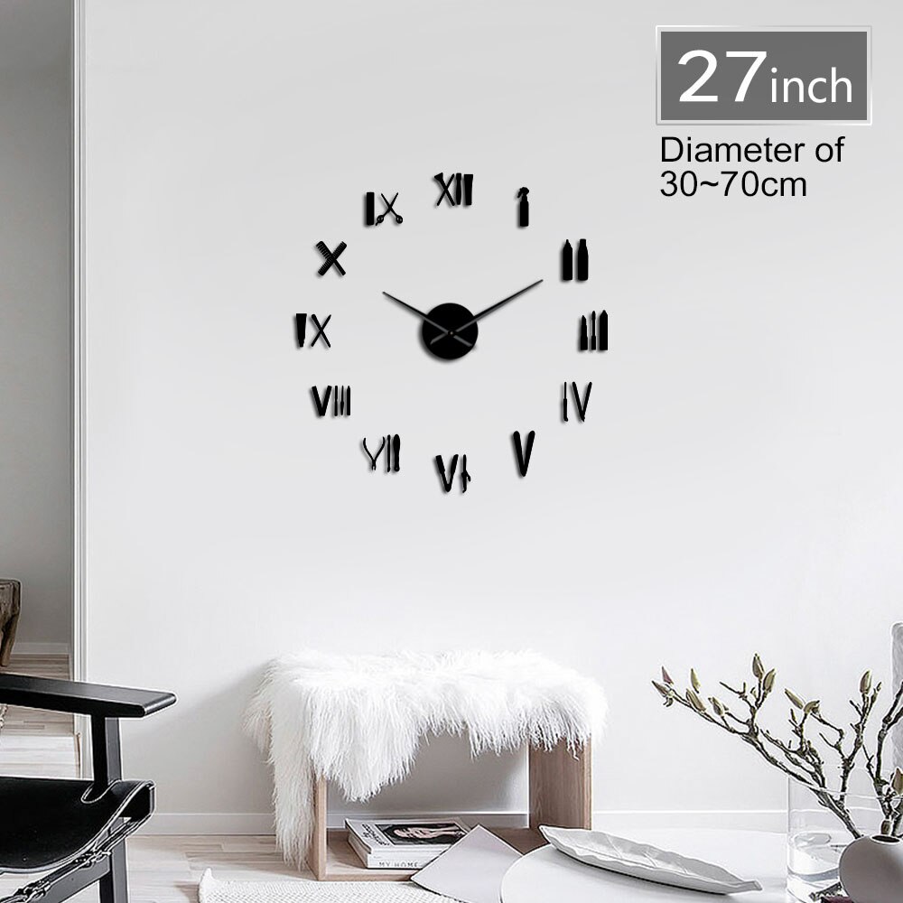Barber Shop Tools Mirror Effect 3D DIY Wall Art Clock Roman Numerals Beauty Salon Tools Show Unique Wall Clock