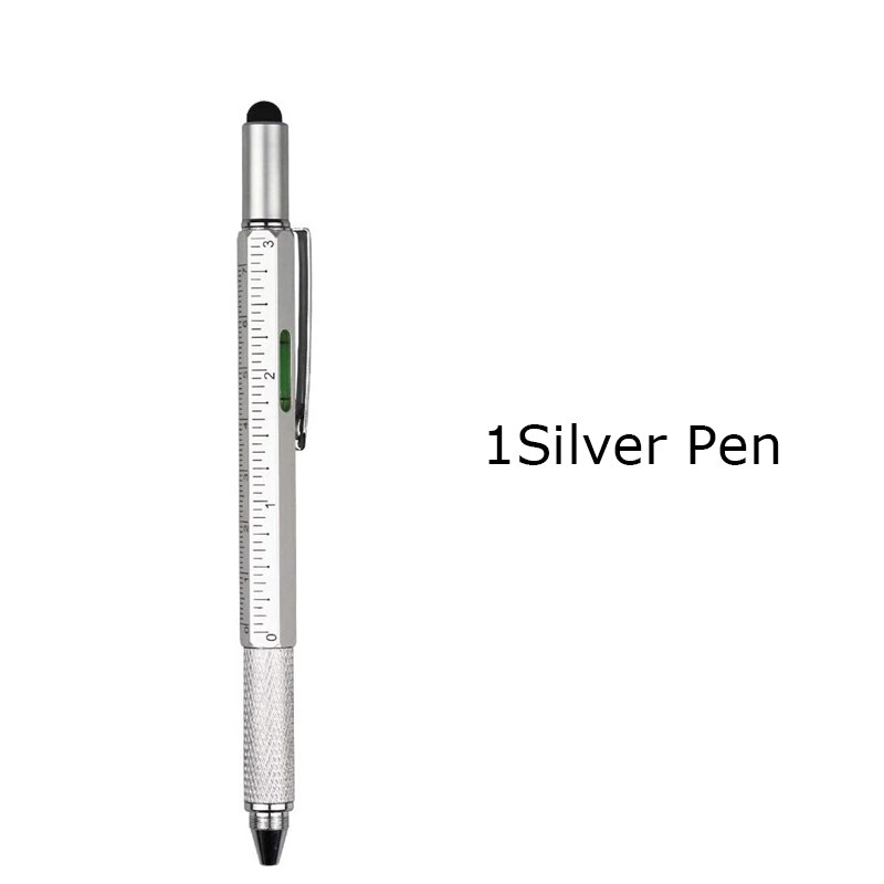 6 In 1 Multi Tool Pen Multifunction Screwdriver Precision Ruler Caliper Ballpoint Pens for Phone Touch Creativity Level Meter: 1 Silver Pen
