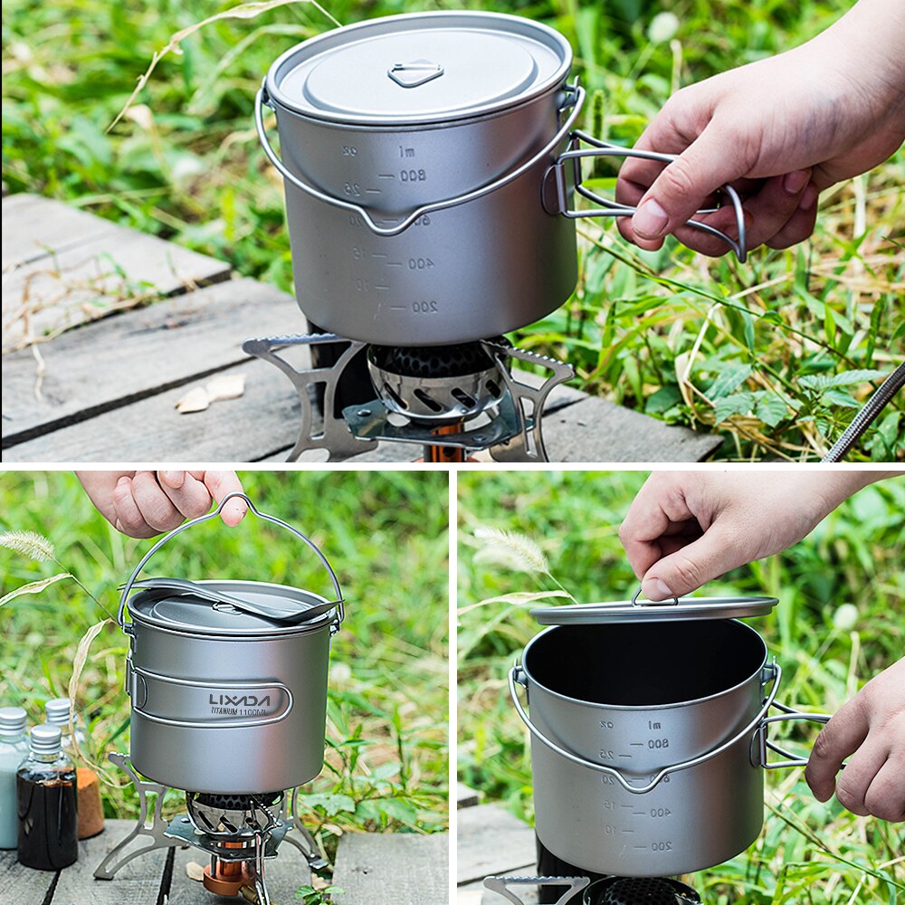 Lightweight Titanium Pot with Folding Spork Outdoor Cooking Pot Camping Cup Mug for Outdoor Camping Hiking Backpacking Picnic