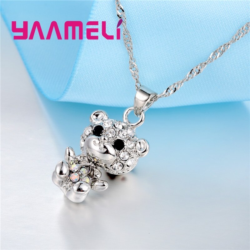 Cool 925 Sterling Silver CZ Stone Animal Bear Charms Necklace Hoop Earring Pendant Jewelry Sets Best for Female