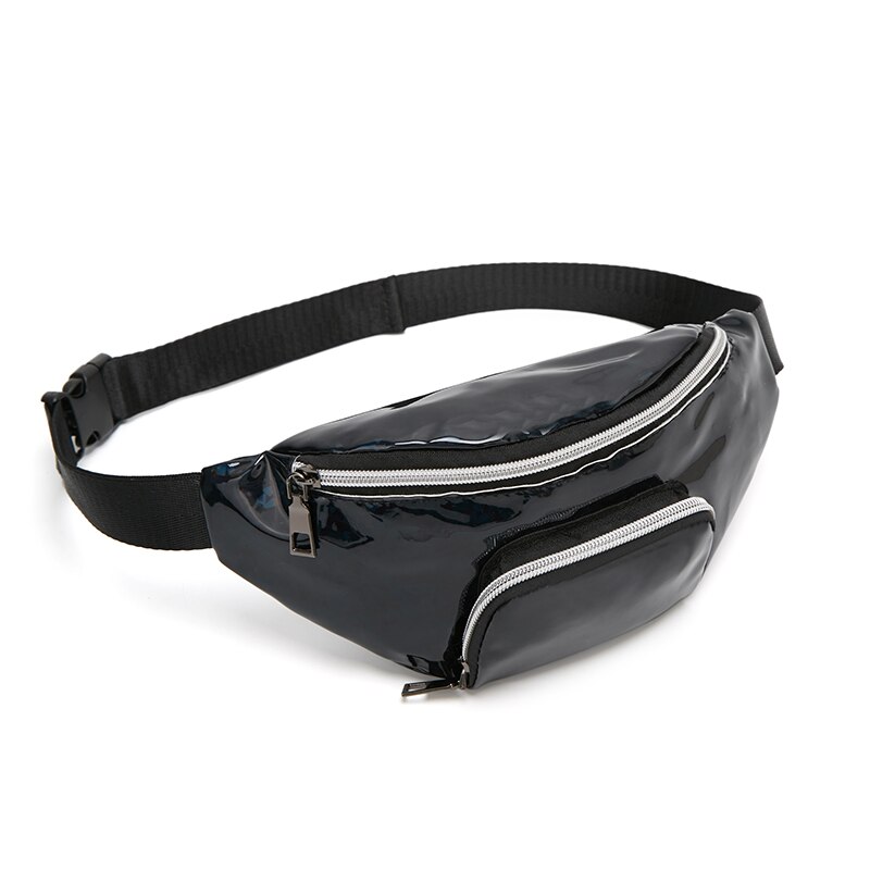 Women Girls Waist Fanny Pack Belt Pouch Hip Bum Bag Shinny Zipper Travel Sport Small Cellphone Purse Chest Pack: Black
