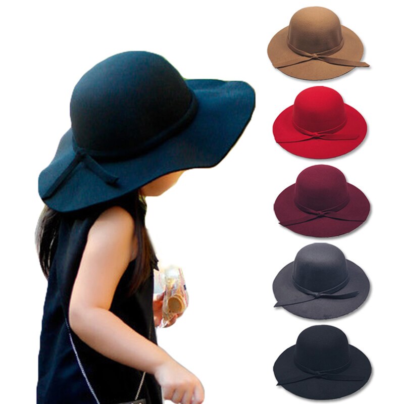 Sombrero de lana de ala ancha para niña, sombrero Vintage de fieltro de Color sólido, sombreros de sol con lazo, gorra plana de Jazz, novedad de primavera