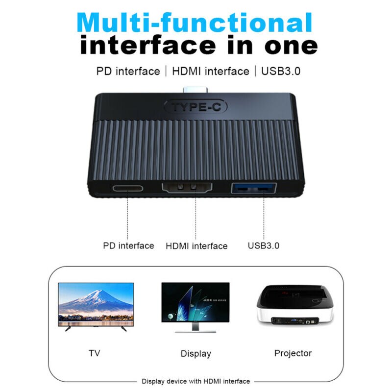 Type c naar hdmi/usb 3.0/pd 4k hdmi-adapterkabel 3 in hub voor macbook pro oplaadpoort adapterkabel usb- 1