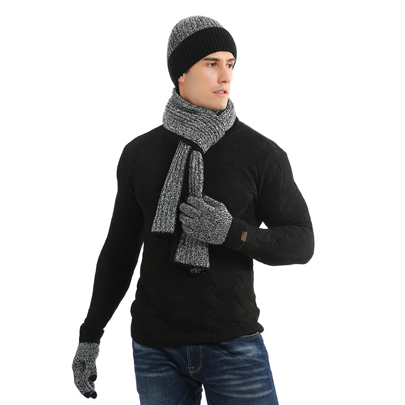 Ensemble de 3 pièces pour homme, chapeau, écharpe, gants, bonnets en laine, rayures rétro, ski d&#39;affaires, unisexe, accessoires d&#39;hiver, du nouvel an: Black and white