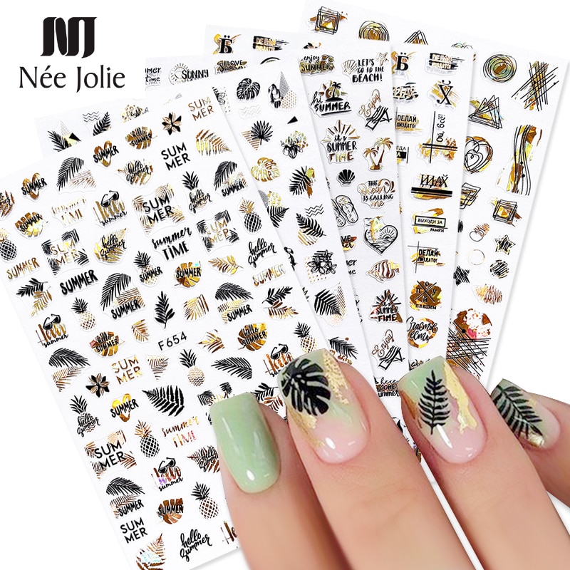 4 stk sommer nail art klistermærker blade bogstav geometrisk 3d selvklæbende skyder negle dekoration guld sort hvid manicure folie sæt