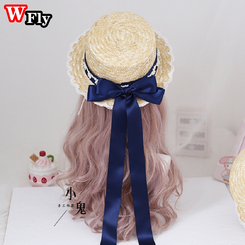 Harajuku Vrouwen Meisjes Zomer Strooien Hoed Strand Zonnehoed Handgemaakte Zoete Lolita Cosplay Lace Strik Stro Hoeden Versieren: color 3