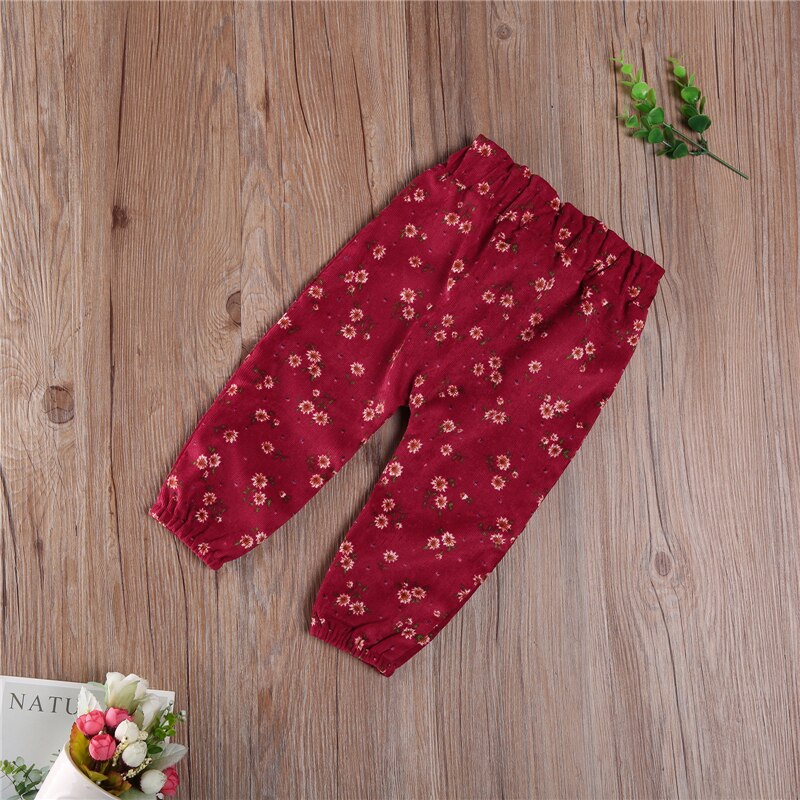 Pantalones de pana para niña, pantalón adelgazante con estampado de flores, ropa con lazos, pantalón holgado para niña pequeña