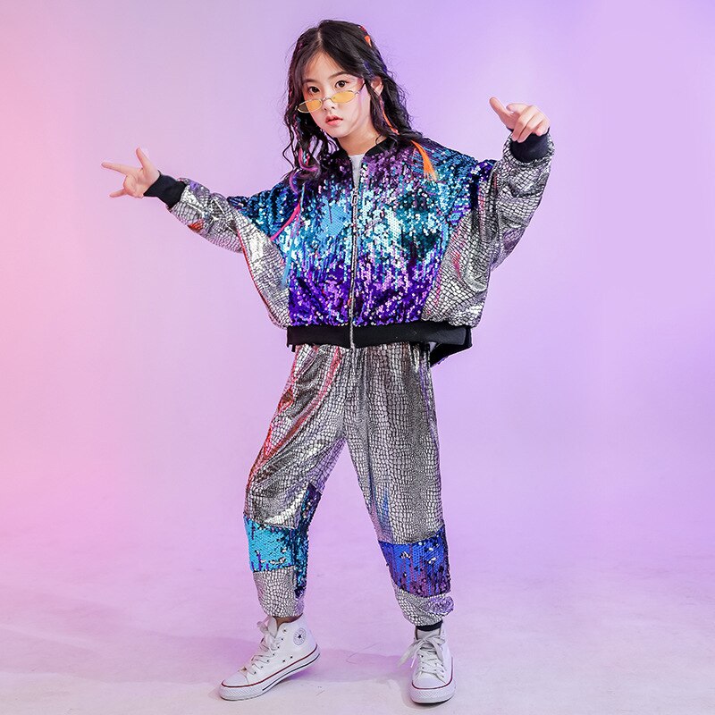 Barn paljett hip hop kläder jacka top coat kort streetwear byxor för flickor pojkar jazz dans kostymer set kläder bära