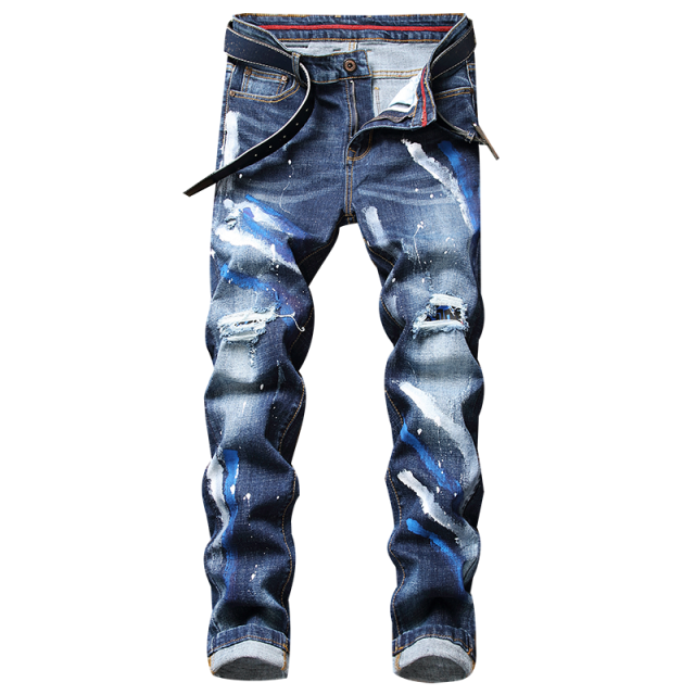 Pantalones vaqueros rasgados para hombre, Jeans rasgados azules a la , con grafiti de tinta contra salpicaduras, ajuste Regular, elásticos, de ,: 33