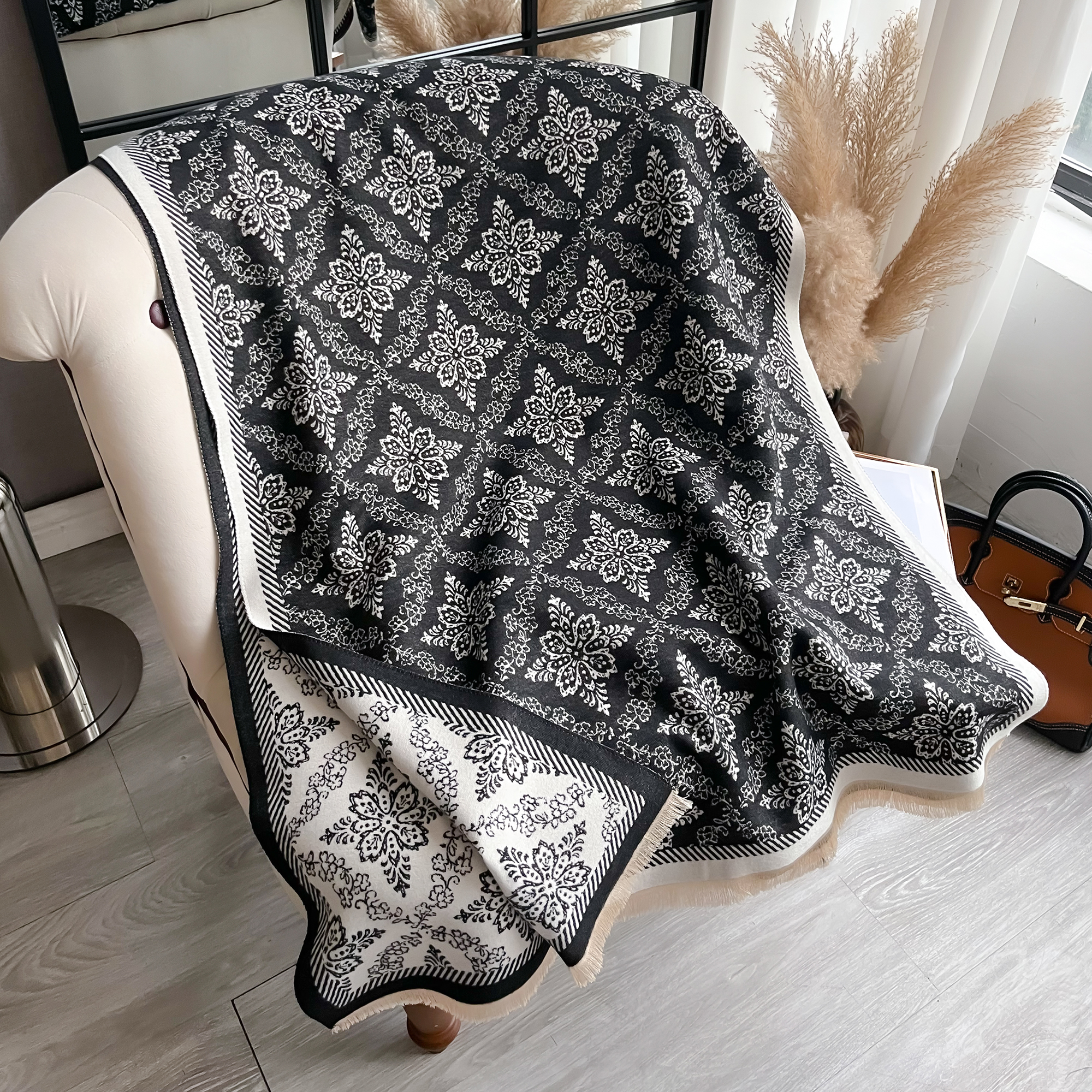 Marca de luxo dupla face estilo étnico cachecol pashmina cashmere macio quente franja pashmina xale inverno à prova de frio cobertor à prova de vento: Preto