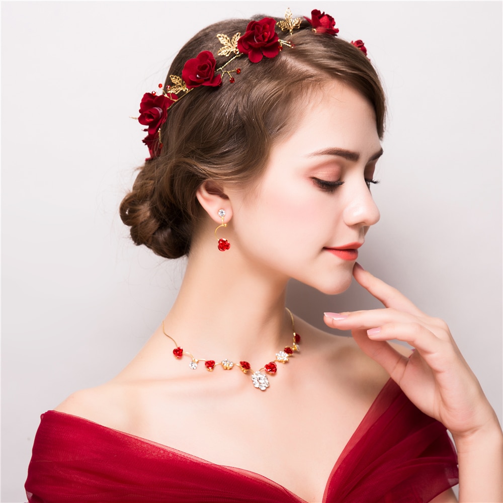 3PCS/Set Flower Jewelry Sets Red Floral Headband Bridal Wedding Headpiece Bijoux Women Party Necklace Earrings Handmade
