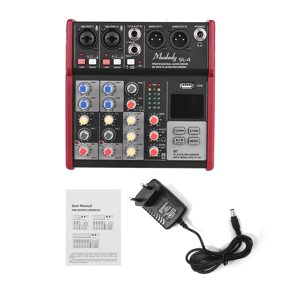 Muslady SL-4 Compact Size 4-Channel Mixing Console Mixer 2-band EQ Built-in 48V Phantom Power Supports BT Connection USB