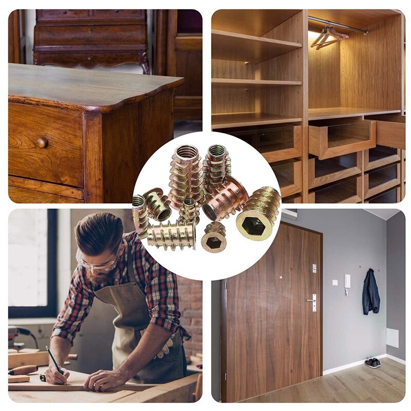 138PCS Metric Thread Insert Nut M4/M5/M6/M8/M10 Kit for Wood Furniture Zinc Screw in Nut Hex Socket Drive Bolt Fastener