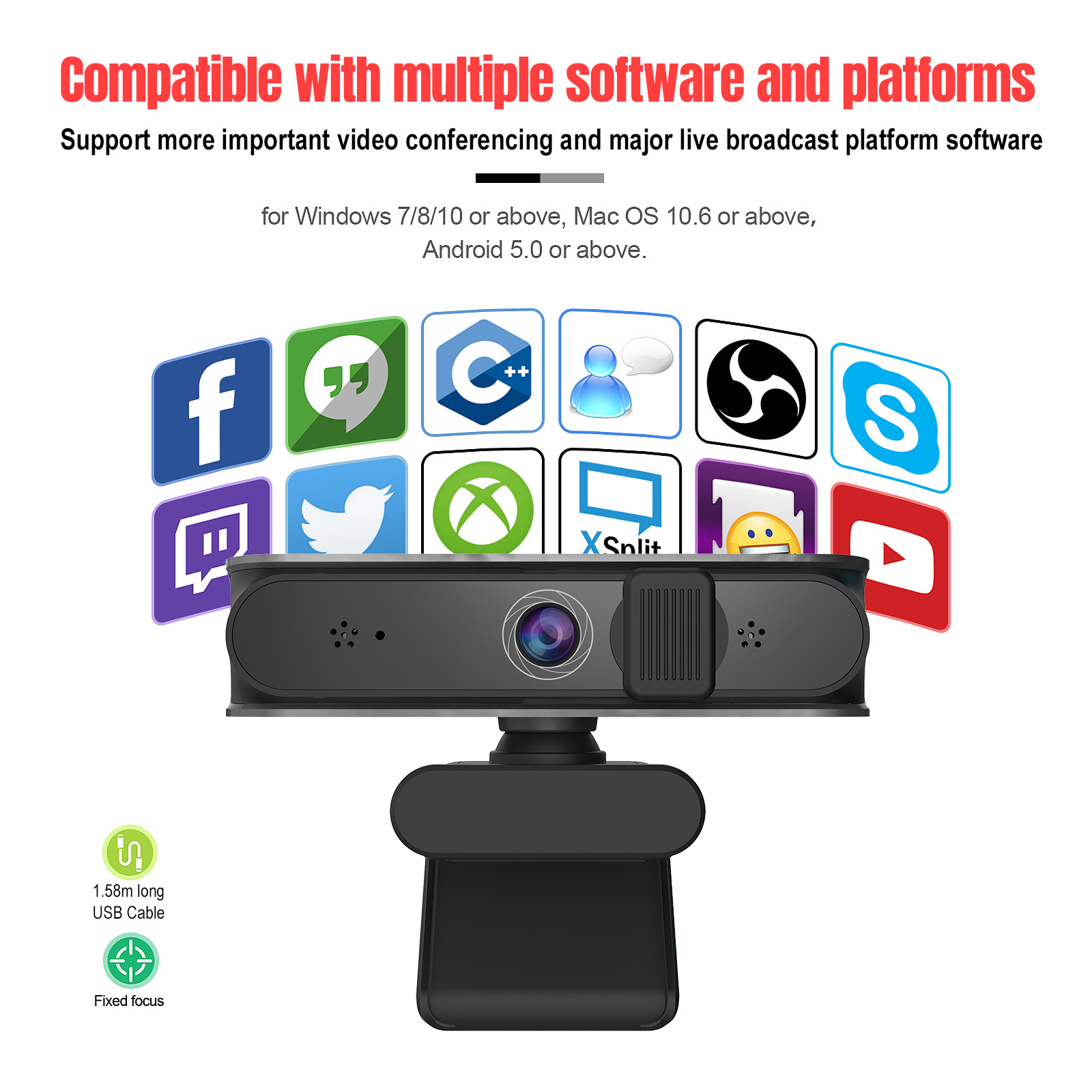 Hd Usb Computer Web Camera 5MP Snelle Autofocus 30FPS Webcam Dual Mic &amp; Cover, voor Obs/Gaming/Zoom/Skype/Facetime/Teams