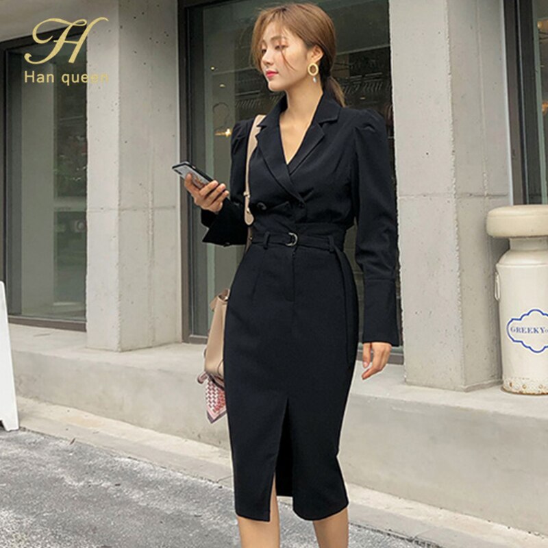 H Han Queen-Conjunto de 2 piezas de chaqueta y Falda de tubo de cintura alta para mujer, traje de trabajo coreano de invierno con doble botonadura