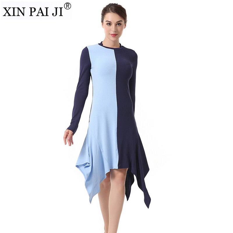 Spring Dress Round Neck Patchwork Color Women Casual Long Sleeve Irregular Slim Knitted Dress