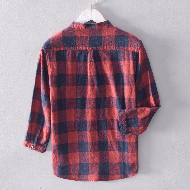 Kolme neljäsosaa hihat ruudullinen paidat mies puuvilla pellava rento yksi tasku topit seisomakaulus hengittävä miesten vaatteet  y2930