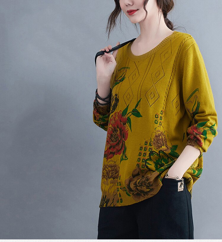 Suéteres de punto para mujer, ropa de manga larga con cuello redondo, estampado de Nuevas flores a la , talla grande, primavera y otoño: XXL / Yellow