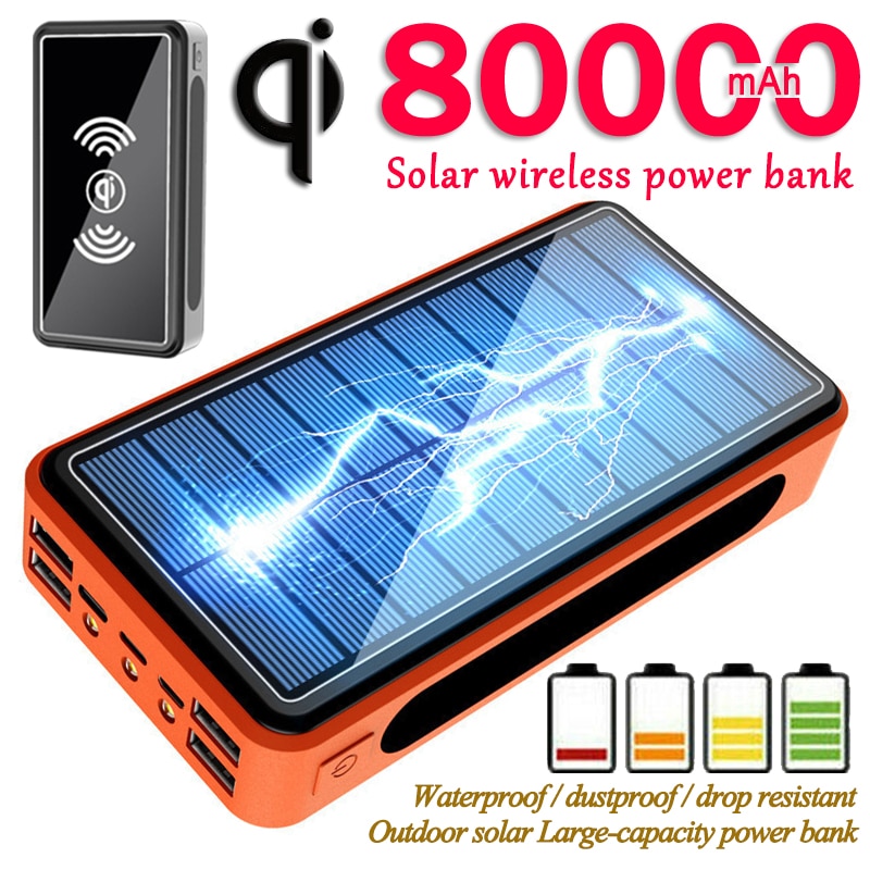 80000mah Solar Power Bank Solar Panel Wireless Portable Charger Outdoor Emergency 3LED Charger Powerbank For Xiaomi Iphone