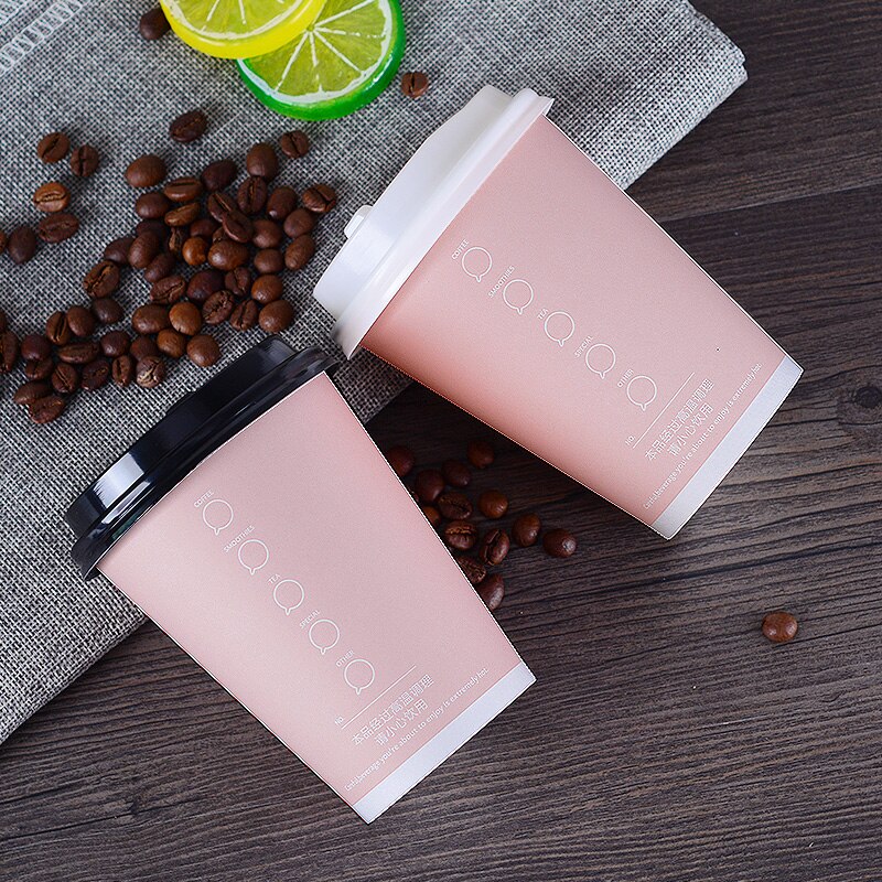 50 piezas Rosa taza de café desechables bebida de té de leche de vasos de papel con tapas comercial hogar anti-agua hirviendo embalaje de tazas