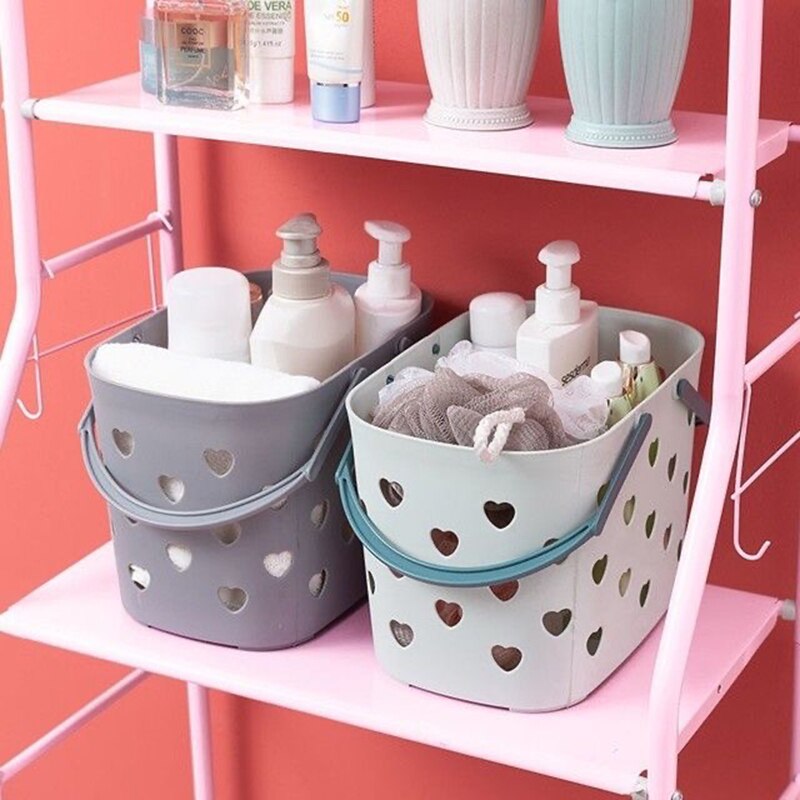 Portable Shower Caddy Tote Heart Shaped Hollow Plastic Storage Basket with Handle Box Organizer Bin for Bathroom Pantry Kitchen