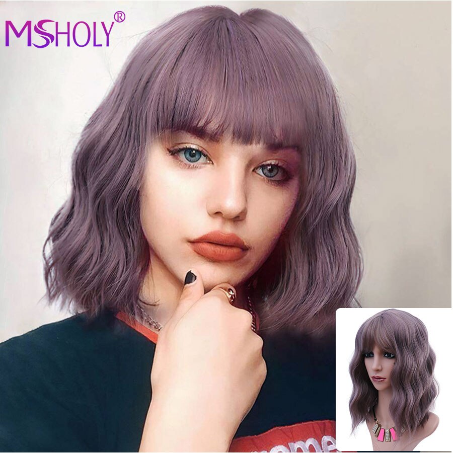 Roze Golvend Pruik Met Pony Korte Bob Pruik Krullend Golvend Bob Synthetisch Rood Blonde Groen Paars Pruiken Hoge Temperatuur Cosplay pruik Msholy: Thin Rattan Wig