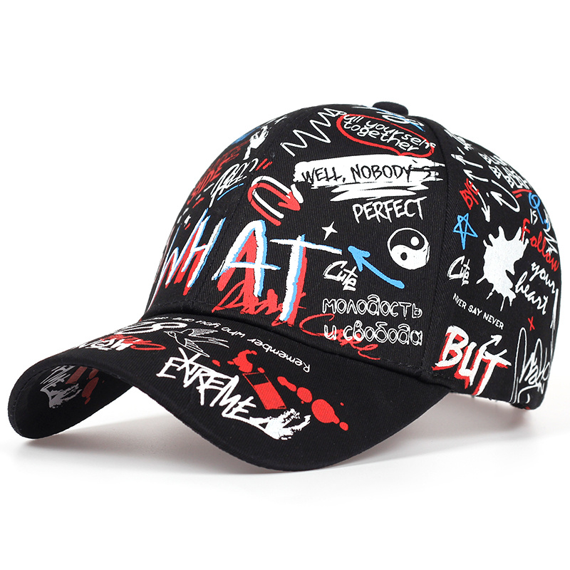 Casquette de Baseball avec impression Graffiti, chapeau d'extérieur en coton pour hommes et femmes, casquettes d'été réglables, chapeaux de loisirs: Black