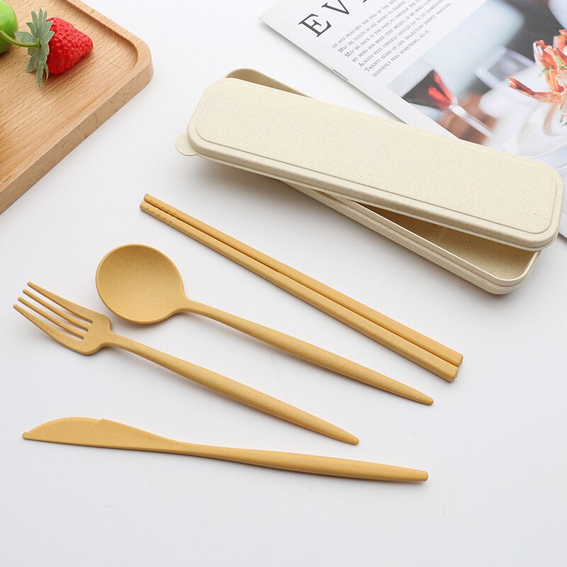 Wheat Straw Cutlery Set Cutlery Fork Spoon And Chopsticks Portable Cutlery Set Solid Color Storage Cutlery Set